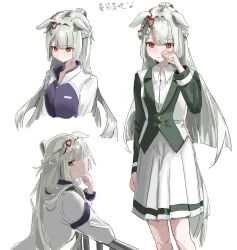 Rule 34 | 1girl, animal ears, blush, bow, braid, collared shirt, cowboy shot, crying, ear ribbon, ears down, fujimasa march (umamusume), green hair, green jacket, highres, hill chuchu, horse ears, horse girl, horse tail, jacket, kasamatsu tracen school uniform, kasamatsu tracen training uniform, long hair, multiple views, purple jacket, red eyes, red ribbon, ribbon, school uniform, shirt, skirt, tail, track jacket, umamusume, umamusume: cinderella gray, upper body, white shirt, white skirt