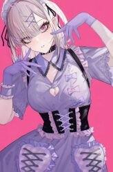 1girl ahoge black_corset bow_print breasts choker cleavage_cutout clothing_cutout corset dress frilled_corset frilled_wristband frills gloves grey_hair gurumyuu hair_ornament hair_over_one_eye heart_cutout highres lace-trimmed_collar lace_trim large_breasts long_hair looking_at_viewer mole mole_under_eye nijisanji purple_dress purple_eyes rubber_gloves solo sukoya_kana sukoya_kana_(4th_costume) twintails virtual_youtuber