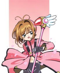 1990s_(style) 1girl :d absurdres antenna_hair black_gloves black_shorts brown_hair cardcaptor_sakura cowboy_shot fuuin_no_tsue gloves green_eyes hair_intakes highres kinomoto_sakura kinomoto_sakura_(twin_night) looking_to_the_side navel official_art open_mouth pink_background pink_petals pink_shirt pink_theme retro_artstyle shirt short_hair shorts smile solo standing takahashi_kumiko wand