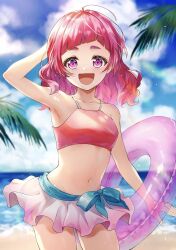1girl arm_up armpits beach bikini breasts cloud highres hugtto!_precure innertube looking_at_viewer muginome_(bakuga_chan2) navel nono_hana open_mouth palm_leaf pink_bikini pink_innertube pink_skirt precure sand skirt small_breasts smile solo swim_ring swimsuit water