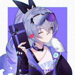 1girl artist_name black_gloves black_jacket blue-tinted_eyewear border chinese_commentary choker chromatic_aberration closed_mouth collarbone commentary_request drill_hair drill_ponytail eyes_visible_through_hair film_grain fingerless_gloves fur-trimmed_jacket fur_trim gloves goggles goggles_on_head gradient-tinted_eyewear gradient_hair grey_border grey_eyes grey_hair hair_over_one_eye hair_ribbon heavy_chromatic_aberration honkai:_star_rail honkai_(series) jacket looking_at_viewer multicolored_hair one_eye_closed portrait purple-tinted_eyewear purple_background purple_choker purple_hair purple_ribbon ribbon shirt silver_wolf_(honkai:_star_rail) solo srpzk tinted_eyewear white_border white_shirt