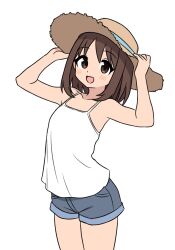 1girl 64vii :d absurdres adjusting_clothes adjusting_headwear alternate_costume azumanga_daiou blush_stickers brown_eyes brown_hair cowboy_shot dress flat_chest hand_up hat highres kasuga_ayumu looking_at_viewer medium_hair open_mouth short_shorts shorts simple_background sleeveless sleeveless_dress smile solo solo_focus straw_hat sundress thick_eyelashes thighs upper_body white_background white_dress
