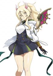 Rule 34 | 1girl, absurdres, ahoge, aojiru udon, black dress, black gloves, blonde hair, closed mouth, dragon horns, dragon wings, dress, duel monster, ecclesia (yu-gi-oh!), gloves, hair between eyes, highres, horns, incredible ecclesia the virtuous, jacket, long hair, looking at viewer, ponytail, simple background, smile, solo, thighs, white background, white jacket, wings, yellow eyes, yu-gi-oh!