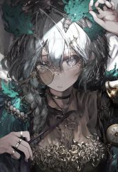 1girl :d blush braid brown_shirt choker collarbone commentary_request formal_clothes gaku gold gold_trim green_choker grey_eyes hair_between_eyes hair_ornament hand_on_forehead hand_on_own_forehead highres jewelry knot long_hair looking_at_viewer lying monocle monocle_chain necktie open_mouth original pocket_watch pulling ring shirt smile solo watch white_hair