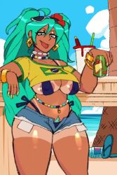 1girl :p animated aqua_eyes aqua_hair areola_slip arm_rest audible_music beach bikini blue_bikini blue_shorts blue_sky brazilian_miku breasts can closed_mouth collarbone covered_erect_nipples cropped_shirt curvy dark-skinned_female dark_skin day denim denim_shorts dorotero earrings eyebrows eyelashes feet_out_of_frame female_focus female_pubic_hair fingernails flip-flops guarana_antarctica hairdressing hand_up happy_trail hatsune_miku holding holding_can imjustthatkinky jewelry large_breasts long_fingernails long_hair looking_at_viewer looping_animation nail_polish naughty_face navel navel_piercing necklace ocean off-shoulder_shirt off_shoulder outdoors palm_tree piercing plump pubic_hair pubic_hair_peek rubyredva sand sandals shirt short_shorts shorts side-tie_bikini_bottom single_bare_shoulder single_off_shoulder sky smile solo sound standing sunglasses sunglasses_on_head swimsuit t-shirt tagme tan tanline thick_thighs thighs third-party_edit tongue tongue_out tree twintails two-tone_shirt video vocaloid water white-framed_eyewear wide_hips yellow_nails