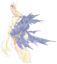 1boy arm_behind_back balding black_hair colored_skin concept_art dougi from_below game_cg hand_up highres long_nose male_focus muscular nishimura_kinu non-web_source official_art oro_(street_fighter) rope_belt short_hair solo street_fighter street_fighter_iii_(series) white_eyes yellow_skin