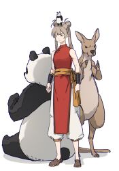 1girl animal animal_on_head azur_lane bear bird brown_hair china_dress chinese_clothes closed_mouth double_bun dress full_body hair_bun hatski.sin highres jean_bart_(azur_lane) long_hair on_head panda pants shoes simple_background sleeveless solo standing twintails white_background white_pants