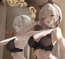 1girl absurdres animal_ear_hairband animal_ears bare_arms bare_shoulders black_bra black_choker black_hairband blush bra breasts cat_ear_hairband cat_ears choker cleavage cosmetics fake_animal_ears grey_eyes grey_hair hair_between_eyes hairband heart heart-shaped_pupils highres holding holding_lipstick_tube laneigu large_breasts lipstick_tube long_hair looking_at_viewer low_twintails mole mole_on_cheek mole_under_eye open_mouth original sidelocks solo symbol-shaped_pupils teeth twintails underwear upper_body upper_teeth_only