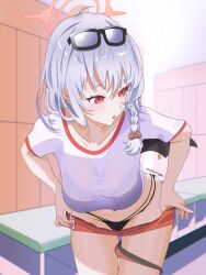 1girl absurdres black_tail black_wings blue_archive buruma commentary demon_tail demon_wings english_commentary gym_shirt gym_uniform halo haruna_(blue_archive) haruna_(track)_(blue_archive) highres piercing red_buruma red_halo royalbunny003 shirt single_wing solo tail wing_piercing wings