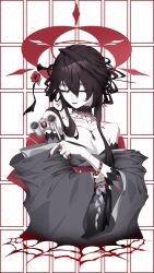 Rule 34 | 1girl, absurdres, blue archive, closed eyes, eyeliner, goth fashion, grey kimono, halo, highres, japanese clothes, kimono, kokuriko (blue archive), makeup, opera glasses, red eyeliner, red halo, red lips, solo, spider web pattern, upper body, yukinaga (eruserion)