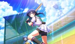 baseball baseball_bat baseball_stadium baseball_uniform batting_stance belt belt_pouch bike_shorts_under_skirt black_belt black_gloves black_pouch black_shorts black_socks black_undershirt blue_hair blurry braid catcher_(baseball) cinderella_series closed_mouth cloud cumulonimbus_cloud depth_of_field dutch_angle feet_out_of_frame film_grain fingerless_gloves from_below game_cg gloves hachigatsu_no_cinderella_nine highres holding holding_baseball_bat kondou_saki light_rays long_hair looking_ahead low_twin_braids metal_baseball_bat neckerchief non-web_source official_art outdoors pink_neckerchief pleated_skirt pouch purple_eyes satogahama_baseball_uniform shirt shirt_under_shirt short_sleeves shorts skirt sky socks solo_focus sportswear standing striped_belt striped_clothes striped_shirt sunbeam sunlight twin_braids umpire vertical-striped_clothes vertical-striped_shirt wristband