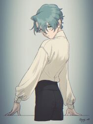 1boy aged_down challia_bull child cropped_legs facial_hair green_eyes green_hair grey_background gundam gundam_gquuuuuux highres long_sleeves looking_at_viewer looking_back male_focus mustache shirt short_hair simple_background solo white_shirt yugi_mt