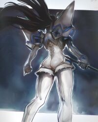 Rule 34 | 1girl, ass, bakuzan, black hair, boots, chapinor, feet out of frame, highres, junketsu, kill la kill, kiryuuin satsuki, long hair, revealing clothes, simple background, standing, sword, thigh boots, weapon, wind