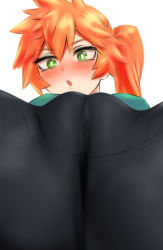 1girl bike_shorts blush boku_no_hero_academia breasts cameltoe close-up green_eyes highres kendou_itsuka large_breasts long_hair looking_down open_mouth orange_hair ponytail shorts shpo