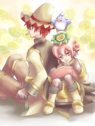 Rule 34 | 1boy, 1girl, 2000s (style), alchemist (ragnarok online), bird, blue bird, boots, brown cape, brown gloves, brown jacket, brown pants, brown pantyhose, cape, cigarette, closed mouth, commentary request, double bun, filir (ragnarok online), flower, flower on head, full body, geographer (ragnarok online), gloves, hair bun, hat, jacket, looking at viewer, lowres, merchant (ragnarok online), orange eyes, pants, pantyhose, pazy, pink hair, ragnarok online, red hair, short hair, shorts, sitting, smile, sombrero, sunglasses, white boots, yellow background, yellow shorts