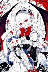 1girl :d artist_name bare_shoulders bow bowtie breasts brooch cleavage detached_sleeves highres jewelry limited_palette nail_polish open_mouth original pointy_ears red_bow red_bowtie red_eyes red_nails sheya signature smile solo spot_color stuffed_animal stuffed_rabbit stuffed_toy