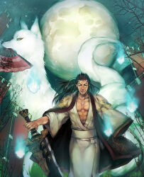 banner coat fox japanese_clothes kimono male_focus moon muscular muscular_male pectorals sachiko_(omame) sengoku_musou shima_sakon sword weapon will-o&#039;-the-wisp_(mythology)