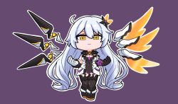 1girl absurdres asymmetrical_gloves asymmetrical_wings black_boots black_dress black_gloves black_thighhighs boots breasts chibi cleavage closed_mouth commentary_request detached_wings dress full_body gloves grey_hair hair_between_eyes highres honkai_(series) honkai_impact_3rd kiana_kaslana kiana_kaslana_(herrscher_of_the_void) looking_at_viewer medium_breasts mismatched_gloves mismatched_wings mokkyo_(motkyo) outline purple_background solo thighhighs thighhighs_under_boots white_gloves white_outline wings yellow_eyes