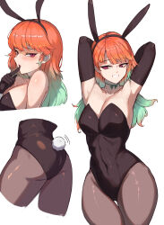 1girl absurdres animal_ear_hairband animal_ears armpits arms_up ass black_gloves black_leotard bow bow_choker breasts choker elbow_gloves fake_animal_ears gloves gradient_hair green_hair grin hairband highres hololive hololive_english iver_(reviolet) large_breasts leotard multicolored_hair multiple_views orange_hair pantyhose playboy_bunny purple_eyes rabbit_ear_hairband rabbit_ears rabbit_tail simple_background smile tail takanashi_kiara virtual_youtuber white_background