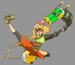 1girl 3d_rod! arms_(game) beanie blonde_hair dragon_(arms) eye_mask green_eyes grey_background hat kicking leggings_under_shorts megawatt_(arms) min_min_(arms) open_mouth shorts simple_background solo stretched_limb