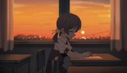 Rule 34 | 1girl, ascot, black hair, chair, channel (caststation), classroom, closed eyes, collared shirt, crying, curtains, desk, dress, eraser, from side, hair bobbles, hair ornament, highres, holding, holding pencil, kaai yuki, low twintails, open mouth, pencil, puffy short sleeves, puffy sleeves, red ascot, red dress, school chair, school desk, shirt, short sleeves, short twintails, sitting, sunset, tears, twintails, vocaloid, white shirt, window, writing