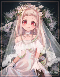 1girl 1other amd_aoneko artist_name bare_shoulders black_gloves blush bridal_veil bride choker closed_mouth collarbone commentary_request dress earrings flower flower_hairband frilled_choker frilled_gloves frills gloves gradient_hair green_hair hair_ornament halo highres inset_border jewelry jibaku_shounen_hanako-kun long_hair looking_at_viewer multicolored_hair pov red_eyes ring see-through_clothes see-through_veil short_bangs skirt_hold strapless strapless_dress veil very_long_hair white_choker white_dress white_flower white_gloves white_hair yashiro_nene