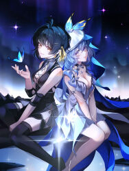 2girls absurdres armlet aurora bare_shoulders between_legs black_dress black_hair black_thighhighs blue_butterfly blue_hair blue_veil breasts bug butterfly cleavage closed_mouth commentary cross-laced_clothes cross-laced_dress dress elbow_pads emu2cat female_rover_(wuthering_waves) hair_between_eyes hair_ribbon hand_between_legs hand_up highres insect jewelry long_hair looking_at_viewer medium_breasts multiple_girls outdoors parted_lips purple_eyes ribbon rover_(wuthering_waves) shorekeeper_(wuthering_waves) sleeveless sleeveless_dress smile thighhighs two-tone_veil veil white_dress white_veil wuthering_waves yellow_eyes yellow_ribbon