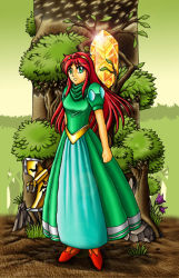 Rule 34 | 1girl, axe, crystal, dress, female focus, final fantasy, final fantasy mystic quest, flower, full body, green eyes, headdress, karen (ffmq), long hair, nature, outdoors, plant, red hair, s.c.h, sky, solo, tiara, tree, weapon
