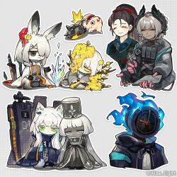 Rule 34 | 1other, 6+girls, arknights, branch, charon (project moon), closed eyes, closed mouth, colored skin, dante (limbus company), doctor (arknights), dress, e.g.o (project moon), extra arms, flaming head, flaw eight, flower, frostnova (arknights), fusion, gloves, green eyes, grey dress, grey eyes, grey hat, grey skin, hat, head wings, limbus company, long hair, low twintails, multiple girls, object head, open mouth, originium slug (arknights), parted lips, pink gloves, plant wings, project moon, raidian (arknights), rosmontis (arknights), saude (project moon), shako cap, simple background, smile, spicebush (e.g.o), twintails, very long hair, white background, white hair, wings, yellow flower