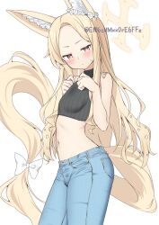 1girl absurdres alternate_costume animal_ear_fluff animal_ears bare_arms bare_shoulders black_shirt blonde_hair blue_archive blue_pants blush bow breasts brown_eyes casual closed_mouth commentary cowboy_shot crop_top cross_halo curled_fingers denim ear_wreath expressionless flower forehead fox_ears gradient_eyes hair_flower hair_ornament halo hands_on_own_chest highres jeans legs_together long_hair looking_at_viewer midriff multicolored_eyes navel pants parted_bangs pink_eyes ribbed_shirt ribbon seia_(blue_archive) shirt simple_background sleeveless sleeveless_shirt small_breasts solo standing stomach sweatdrop tail tail_bow tail_ornament turtleneck turtleneck_shirt twitter_username white_background white_bow white_flower yamano_rokamizu yellow_eyes yellow_halo yellow_tail