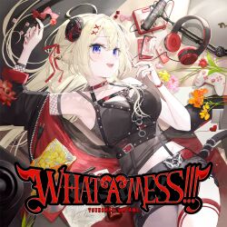 1girl :d absurdres album_cover animal_ears belt black_belt black_jacket black_nails black_shorts black_tank_top blonde_hair bottle candy cassette_tape cd character_name chest_harness chips_(food) collar controller cover cross-laced_footwear detached_sleeves double-parted_bangs eraser fishnet_sleeves fishnets flower food foreground_text fuumi_(radial_engine) game_controller garter_straps hair_between_eyes hair_ornament hair_ribbon harness headphones highres holding holding_candy holding_food holding_lollipop hololive horn_ornament horn_ribbon horns jacket jacket_partially_removed jewelry lollipop long_hair looking_at_viewer lying microphone midriff_peek multicolored_nails multiple_rings music_player nail_polish official_art on_back open_clothes open_jacket open_mouth potato_chips purple_eyes red_collar red_jacket red_nails red_ribbon ribbon ring second-party_source sheep_ears sheep_girl sheep_horns short_shorts shorts side_slit single_detached_sleeve smile solo tank_top teeth thigh_strap tsunomaki_watame two-sided_fabric two-sided_jacket unworn_headphones upper_teeth_only very_long_hair virtual_youtuber x_hair_ornament