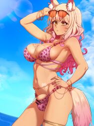 Rule 34 | 1futa, absurdres, animal ear fluff, animal ears, animal print, armpit crease, bangle, bar censor, belly chain, bikini, blonde hair, blue sky, blush, bracelet, breasts, bulge, censored, closed mouth, commentary, contrapposto, covered testicles, cowboy shot, day, english commentary, eyeshadow, eyewear on head, fate/grand order, fate (series), fingernails, flaccid, fox ears, fox girl, fox tail, futanari, gradient hair, gyaru, hand on own hip, hand up, heart, highres, jewelry, large breasts, leopard print, leopard print bikini, long hair, looking down, makeup, multicolored hair, nail polish, navel, necklace, outdoors, over-rim eyewear, penis, penis peek, pink bikini, pink hair, pink nails, semi-rimless eyewear, sidelocks, skindentation, sky, slit pupils, solo, suggestive fluid, sunglasses, sunlight, suzuka gozen (fate), suzuka gozen (swimsuit rider) (fate), suzuka gozen (swimsuit rider) (second ascension) (fate), sweat, sweatdrop, swimsuit, tail, tan, tan tattoo, testicles, thighlet, todding, two-tone hair, water, wavy hair, yellow eyes