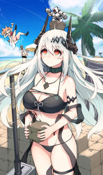 3girls angelina_(arknights) angelina_(summer_flower)_(arknights) animal_ears arknights bad_id bad_pixiv_id beach beach_umbrella bikini black_bikini black_collar blue_sky breasts brown_hair cellphone character_doll character_name cleavage cloud collar commentary cowboy_shot cup day demon_horns floating fox_ears groin hair_between_eyes hair_ornament hammer highres holding holding_cube holding_cup holding_phone horns infection_monitor_(arknights) jewelry large_breasts long_hair looking_up material_growth mudrock_(arknights) mudrock_(silent_night)_(arknights) mudrock_colossus_(arknights) multiple_girls necklace ocean official_alternate_costume one-piece_swimsuit one_eye_closed oripathy_lesion_(arknights) orirock_(arknights) outdoors palm_tree phone planted planted_umbrella purerin red_eyes red_one-piece_swimsuit sand skindentation sky smartphone solo_focus sussurro_(arknights) sussurro_(summer_flower)_(arknights) swimsuit taking_picture thigh_strap thighs tree umbrella underboob v v_over_eye very_long_hair white_hair