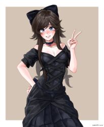 1girl black_dress black_hair bow breasts choker cleavage dress elliott_tessa glitch_productions murder_drones peace_symbol ribbon smile tessa_james_elliot