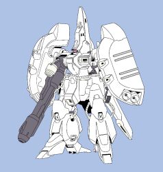 beam_cannon cable commentary derivative_work english_commentary gaza-g gundam gyoubu_ippei ink_(medium) lineart machinery magazine_scan mecha mecha_focus mobile_suit moon_gundam neo_zeon no_humans official_art one-eyed photoshop_(medium) promotional_art robot scan science_fiction scope sketch solo thrusters traditional_media user_eamy8872
