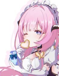 1girl ;) bag blue_eyes breasts butterfly_hair_ornament commentary elysia_(honkai_impact) elysia_(miss_pink)_(honkai_impact) elysia_(miss_pink_elf)_(honkai_impact) fake_horns gloves guratan_13 hair_ornament heart highres holding holding_bag holding_heart honkai_(series) honkai_impact_3rd horns large_breasts long_hair maid maid_headdress official_alternate_costume one_eye_closed pink_pupils simple_background smile solo symbol-only_commentary upper_body white_background white_gloves