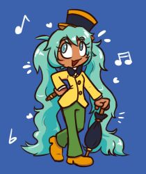 1girl aqua_eyes aqua_hair blue_background blue_bow blue_bowtie blush_stickers bow bowtie brazilian_miku cigar closed_umbrella cosplay eyebrows_hidden_by_hair flaminggaraco flat_chest full_body green_pants hair_between_eyes hat hatsune_miku highres holding holding_cigar holding_umbrella jacket jose_carioca long_hair looking_to_the_side musical_note open_mouth orange_hat pants shoes simple_background smile solo tan the_three_caballeros top_hat twintails umbrella very_long_hair vocaloid worldwide_miku yellow_jacket yellow_shoes