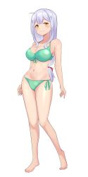 Rule 34 | 1girl, absurdres, ao (flowerclasse), barefoot, bikini, blush, breasts, cleavage, commentary, cross hair ornament, front-tie bikini top, front-tie top, full body, gabriel dropout, green bikini, hair ornament, hair ribbon, highres, long hair, looking at viewer, low-tied long hair, medium breasts, raphiel shiraha ainsworth, red ribbon, ribbon, side-tie bikini bottom, silver hair, simple background, smile, solo, standing, swimsuit, white background, yellow eyes