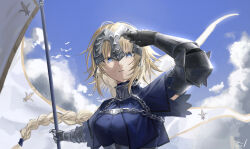 1girl absurdres armor bird blonde_hair blue_eyes blue_sky braid breasts cloud commentary_request day fate/apocrypha fate/grand_order fate_(series) flag flagpole gauntlets headpiece highres holding holding_pole jeanne_d&#039;arc_(fate) jeanne_d&#039;arc_(ruler)_(fate) large_breasts long_hair looking_at_viewer luminosite_eternelle outdoors parted_lips pole shiro_(siro_kuten) single_braid sky solo standard_bearer upper_body very_long_hair