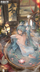 1girl aqua_hair ass backless_dress backless_outfit chinese_commentary chinese_text dress flower from_behind goddess_of_victory:_nikke gown highres lotus official_alternate_costume official_art privaty_(nikke) see-through_clothes solo twintails yellow_eyes