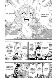 1boy 1girl birthmark blush bouncing bouncing_breasts box braid braided_ponytail breast_focus breasts breasts_out checkered_clothes cleavage_cutout clothing_cutout crying earrings floral_print floral_print_kimono gotouge_koyoharu hanafuda_earrings haori japanese_clothes jewelry kamado_tanjirou kanroji_mitsuri kimetsu_no_yaiba kimono large_breasts long_hair monochrome motion_lines official_art open_clothes open_kimono open_mouth pillar print_kimono running scar scar_on_face screaming short_hair speed_lines tears teeth yukata