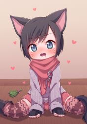 1girl absurdres animal_ears black_gloves black_hair blue_eyes blush brown_thighhighs cat_ears cat_girl cat_tail commentary_request commission drooling facial_mark fingerless_gloves gloves grey_sweater heart heart_in_eye highres indoors long_sleeves looking_at_viewer mouth_drool on_floor open_mouth original print_thighhighs red_scarf scarf short_hair sitting skeb_commission solo sweater swept_bangs symbol_in_eye tail thighhighs ueno_musashi whisker_markings