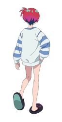 1girl alternate_hairstyle amate_yuzuriha from_behind full_body gundam gundam_gquuuuuux highres no_socks official_art ponytail red_hair short_hair short_ponytail side_ponytail slippers solo sweater transparent_background