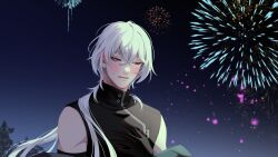 1boy :d a_date_with_death aegyo aerial_fireworks averting_eyes blush casper_(a_date_with_death) fireworks gradient_background hair_flowing_over hair_over_shoulder highres jacket jacket_partially_removed jellyfish_cut large_variant_set light_particles male_focus nervous night night_sky non-web_source official_art open_mouth red_eyes sky sleeveless sleeveless_turtleneck smile solo surprised tree turtleneck upper_body variant_set white_hair wide-eyed