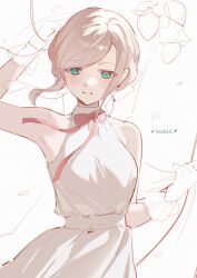 1girl absurdres arm_up armpits bare_shoulders blue_eyes blush bow bowtie breasts ceras_yanagida_lilienfeld ceras_yanagida_lilienfeld_(16th_birthday) collarbone dkou dress grey_hair grin highres large_breasts link!_like!_love_live! looking_at_viewer love_live! official_alternate_costume pink_bow pink_bowtie shirt sidelocks simple_background sleeveless sleeveless_dress smile solo virtual_youtuber white_background white_dress