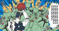 absurdres char&#039;s_counterattack claws commentary_request gundam highres holding mecha mecha_focus mobile_suit mobile_suit_gundam neo_zeon no_humans nu_gundam one-eyed parody pink_eyes reprilo_channel robot sazabi scene_reference science_fiction slam_dunk_(series) speech_bubble translation_request v-fin zeon zock
