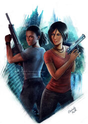 Rule 34 | 2girls, black hair, black pants, black shirt, black skin, chloe frazer (uncharted), colored skin, emeraldus, fanart digital, gun, long hair, looking at viewer, multiple girls, nadine ross (uncharted), naughty dog, pants, red shirt, shirt, source request, weapon