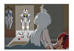 2girls absurdres ahoge bag bed bedroom breasts caught clothes_hanger commentary_request gundam gundam_aerial gundam_suisei_no_majo hairband highres indoors long_hair mecha medium_breasts meme miorine_rembran multiple_girls precure_netorare_(meme) red_hair robot shopping_bag spring_onion suletta_mercury tomato under_covers wakkigen walk-in wardrobe what white_hair yuri
