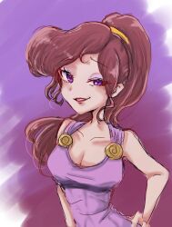 1girl animification ashuka-happy bare_shoulders breasts brown_hair dress eyeshadow greco-roman_clothes hercules_(1997_film) jewelry long_hair looking_at_viewer makeup megara_(disney) ponytail purple_dress purple_eyes simple_background sleeveless smile solo