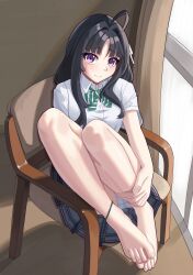 1girl absurdres anklet awa_subaru barefoot black_hair blush chair feet girls_band_cry highres jewelry light_smile long_hair looking_at_viewer panties pantyshot purple_eyes pyruvate sitting toes underwear